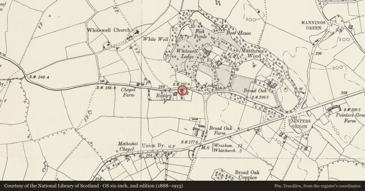 Ordnance Survey six-inch map, 2nd edition (1888–1913) covering the location of Whitewell parish hall, Bronington, Wrexham, with a pin at the register's coordinates