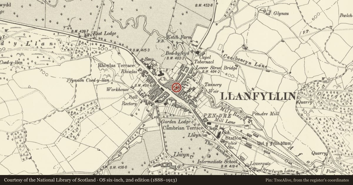 Ordnance Survey six-inch map, 2nd edition (1888–1913) covering the location of 3 Bridge Street, Llanfyllin, Powys, with a pin at the register's coordinates
