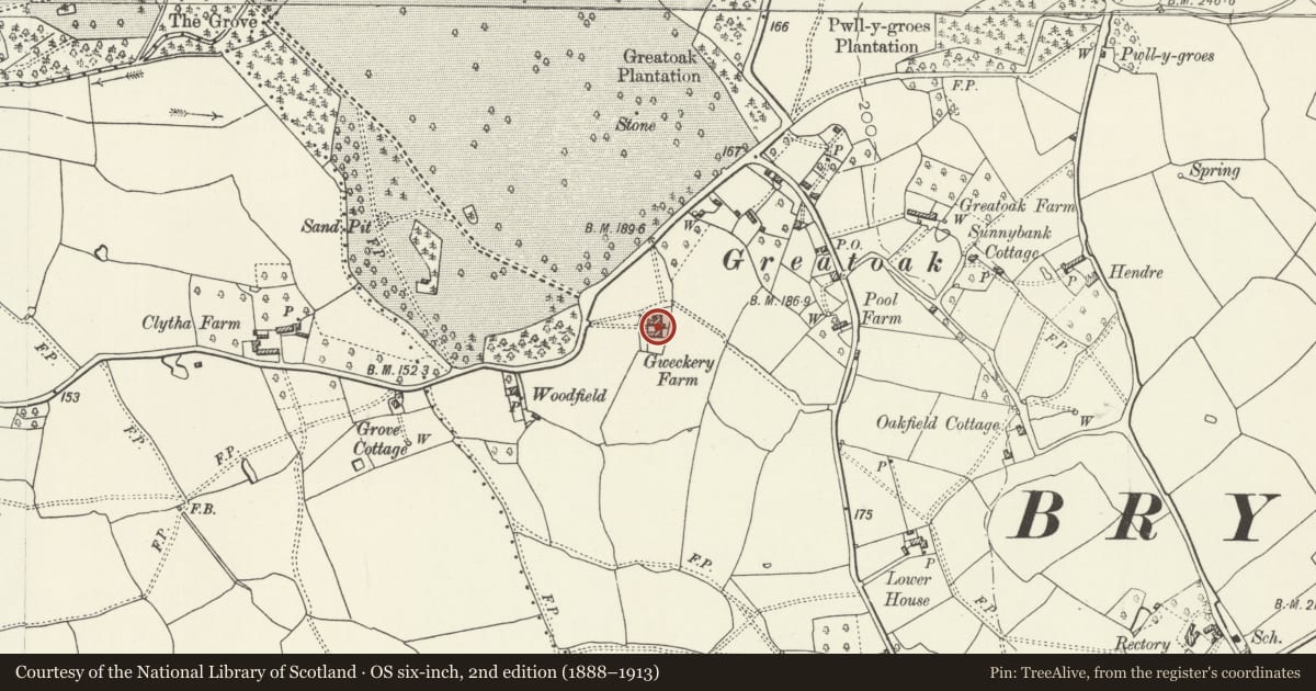Ordnance Survey six-inch map, 2nd edition (1888–1913) covering the location of Gweckery Farmhouse, Llanarth, Monmouthshire, with a pin at the register's coordinates