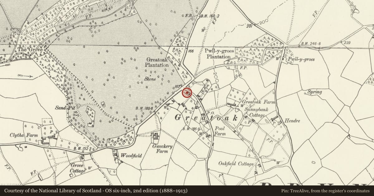 Ordnance Survey six-inch map, 2nd edition (1888–1913) covering the location of 9 Great Oak, Llanarth, Monmouthshire, with a pin at the register's coordinates