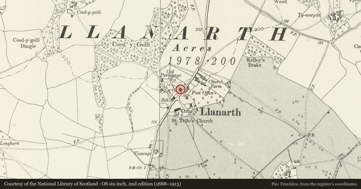 Ordnance Survey six-inch map, 2nd edition (1888–1913) covering the location of Bryn Teg, Llanarth, Monmouthshire, with a pin at the register's coordinates
