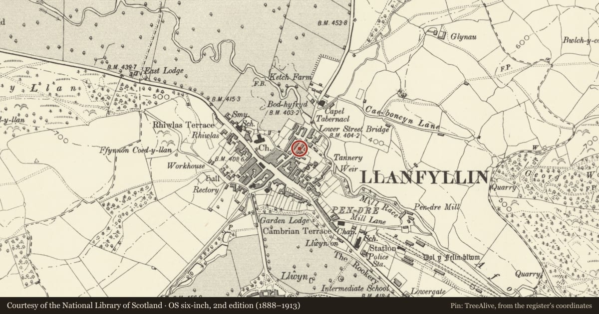Ordnance Survey six-inch map, 2nd edition (1888–1913) covering the location of 14 Bridge Street, Llanfyllin, Powys, with a pin at the register's coordinates