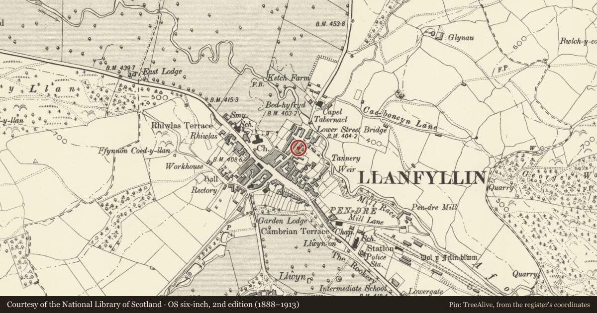 Ordnance Survey six-inch map, 2nd edition (1888–1913) covering the location of 16 Bridge Street, Llanfyllin, Powys, with a pin at the register's coordinates