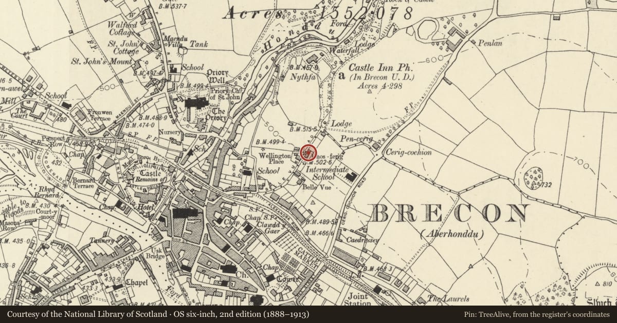 Ordnance Survey six-inch map, 2nd edition (1888–1913) covering the location of No 6 & 7 Bellevue Road, Brecon, Powys, with a pin at the register's coordinates