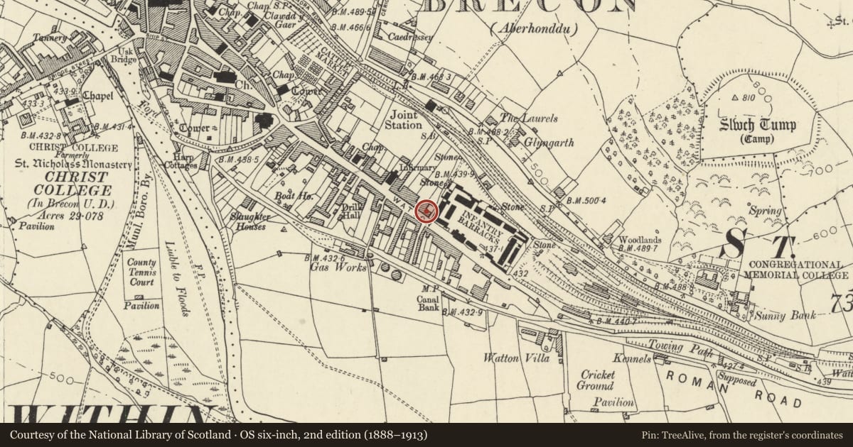 Ordnance Survey six-inch map, 2nd edition (1888–1913) covering the location of 2 The Watton, Brecon, Powys, with a pin at the register's coordinates