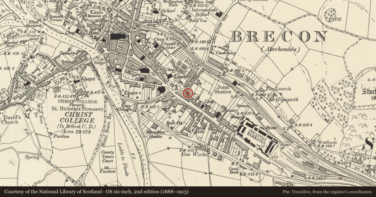 Ordnance Survey six-inch map, 2nd edition (1888–1913) covering the location of 10 Little Free Street, Brecon, Powys, with a pin at the register's coordinates