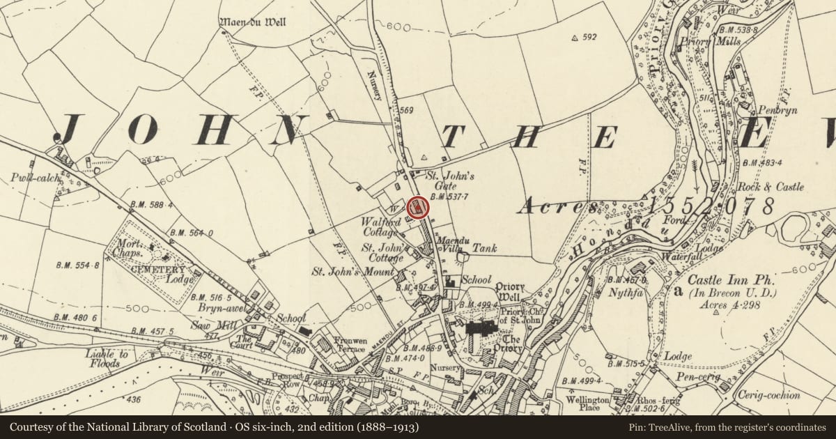 Ordnance Survey six-inch map, 2nd edition (1888–1913) covering the location of No.10 Pendre, including Garden Walls, Railings & Gates, Brecon, Powys, with a pin at the register's coordinates
