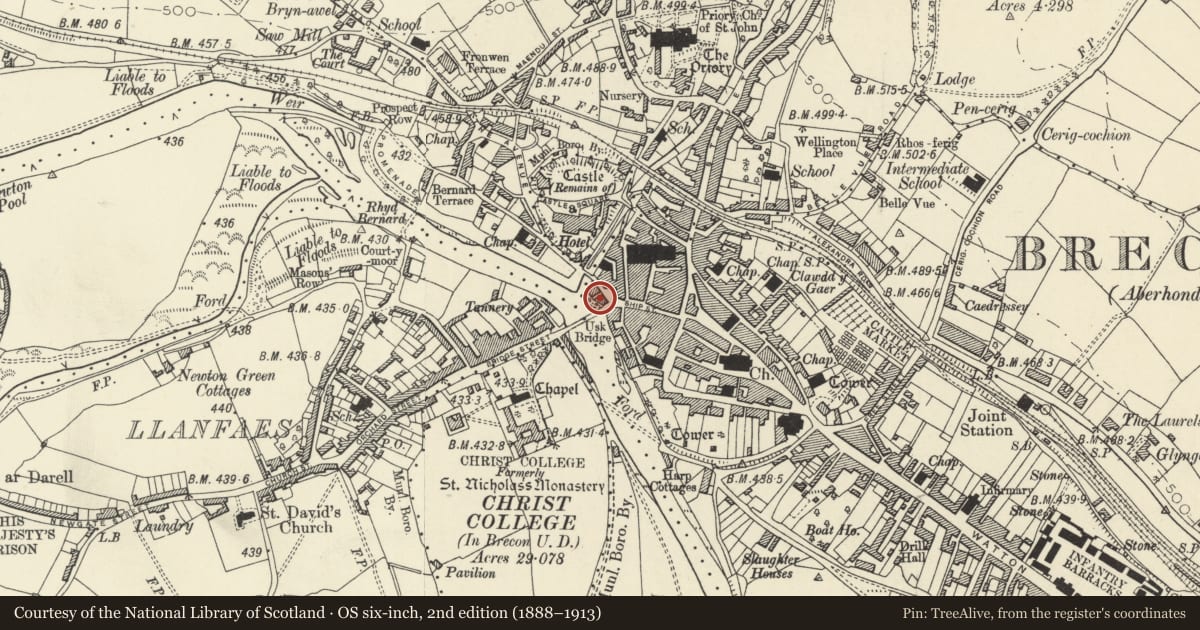 Ordnance Survey six-inch map, 2nd edition (1888–1913) covering the location of 10b Watergate, Brecon, Powys, with a pin at the register's coordinates