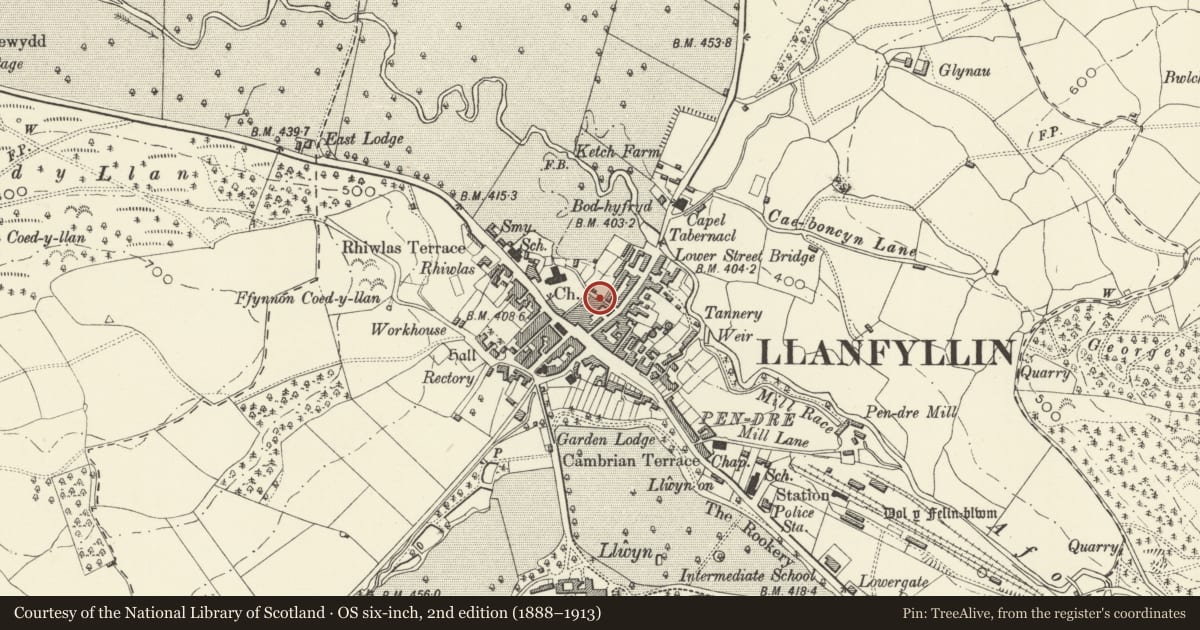 Ordnance Survey six-inch map, 2nd edition (1888–1913) covering the location of Church View, Llanfyllin, Powys, with a pin at the register's coordinates