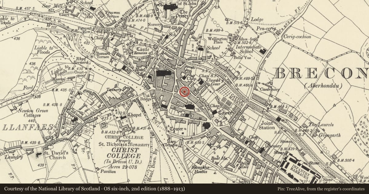 Ordnance Survey six-inch map, 2nd edition (1888–1913) covering the location of 11 High Street Inferior, Brecon, Powys, with a pin at the register's coordinates