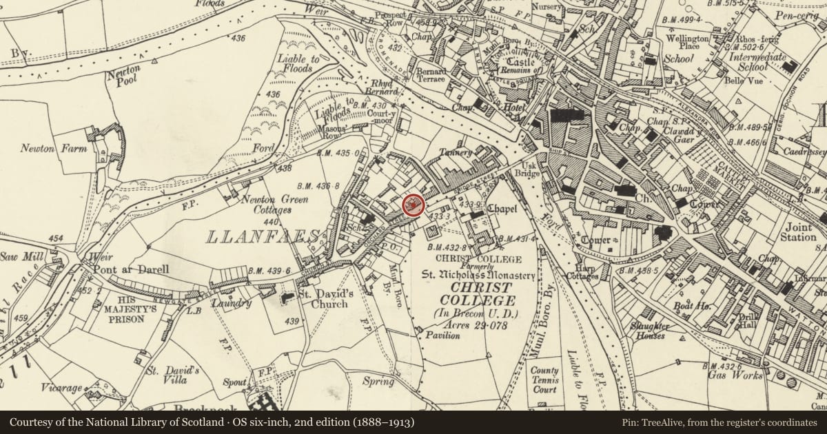Ordnance Survey six-inch map, 2nd edition (1888–1913) covering the location of 11 Orchard Street, Brecon, Powys, with a pin at the register's coordinates