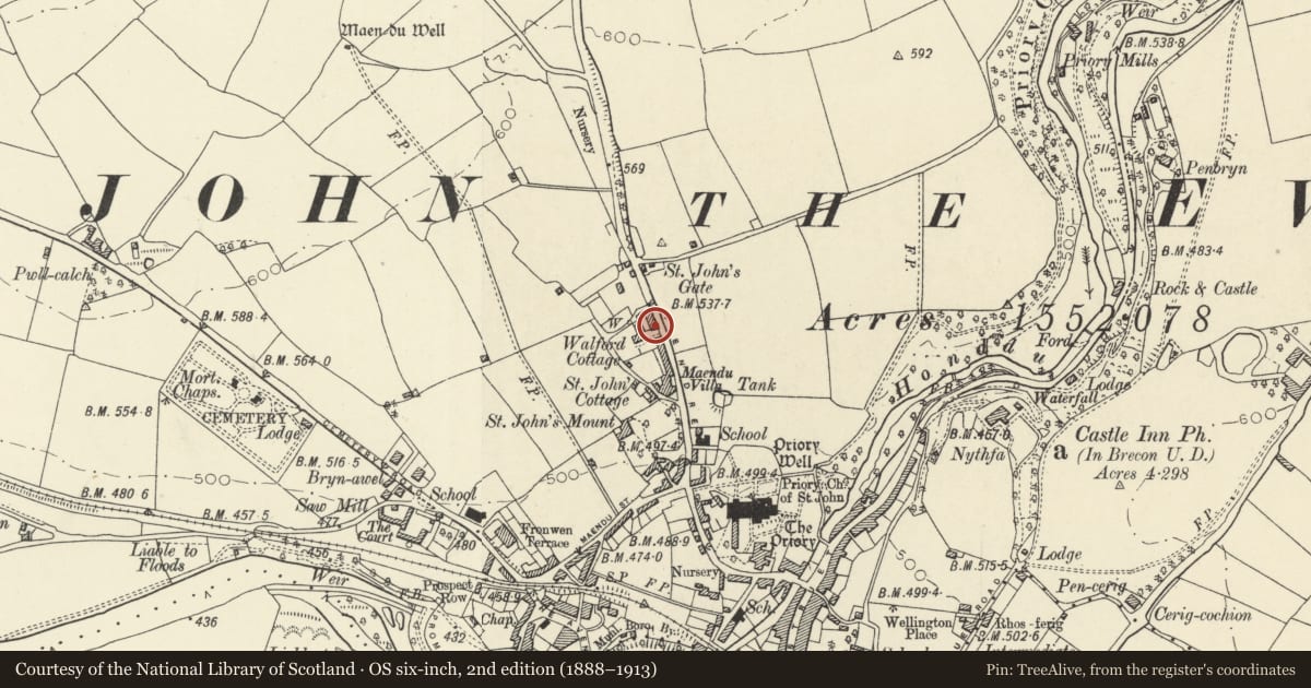 Ordnance Survey six-inch map, 2nd edition (1888–1913) covering the location of No.11 Pendre, including Garden Walls, Railings & Gates, Brecon, Powys, with a pin at the register's coordinates