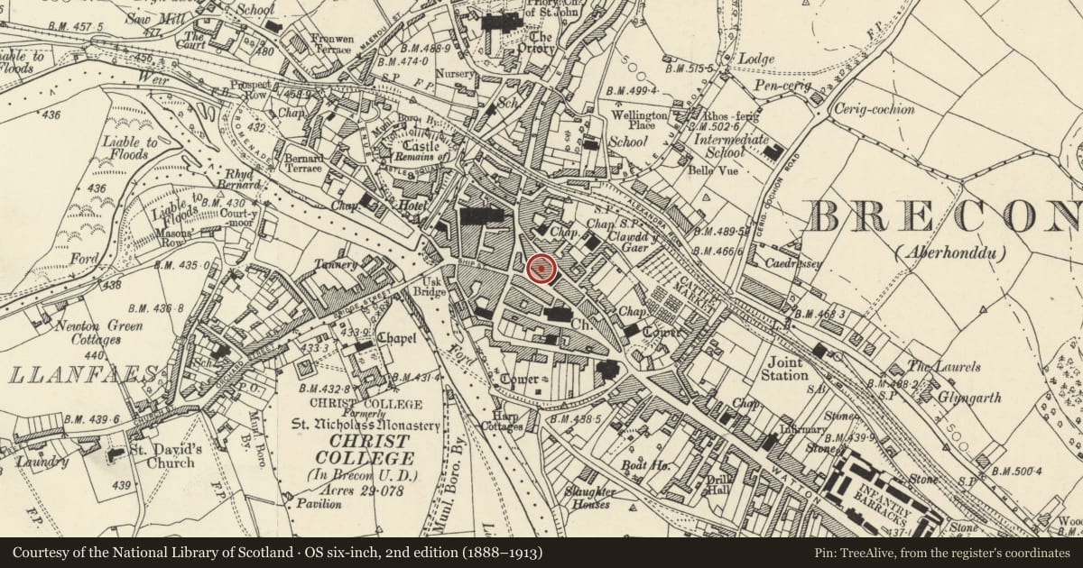 Ordnance Survey six-inch map, 2nd edition (1888–1913) covering the location of 12 High Street Inferior, Brecon, Powys, with a pin at the register's coordinates