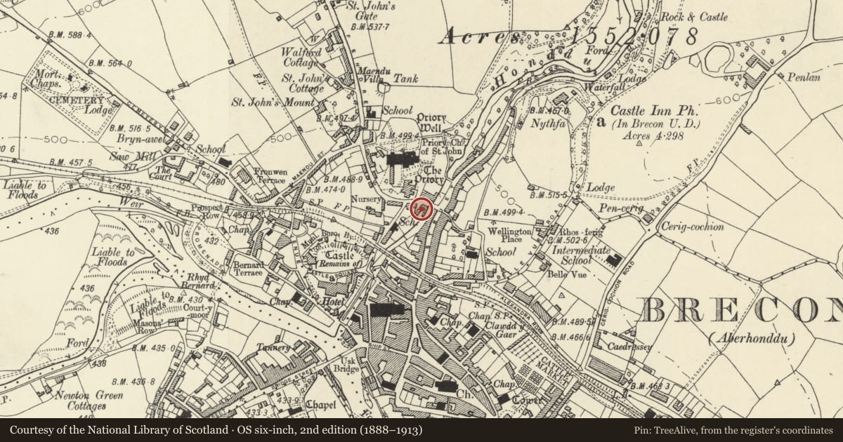 Ordnance Survey six-inch map, 2nd edition (1888–1913) covering the location of 12 Priory Hill, Brecon, Powys, with a pin at the register's coordinates