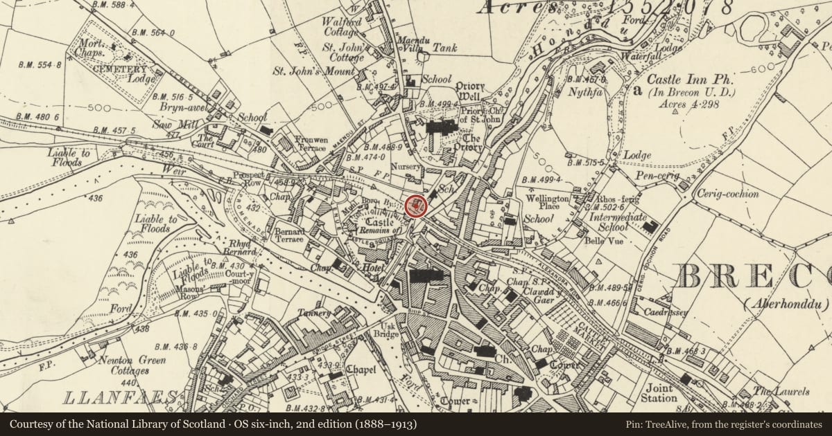 Ordnance Survey six-inch map, 2nd edition (1888–1913) covering the location of 12 The Postern, Brecon, Powys, with a pin at the register's coordinates