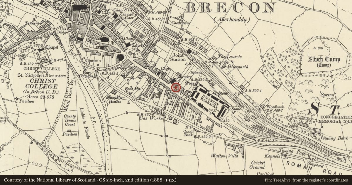 Ordnance Survey six-inch map, 2nd edition (1888–1913) covering the location of 12 The Watton, Brecon, Powys, with a pin at the register's coordinates