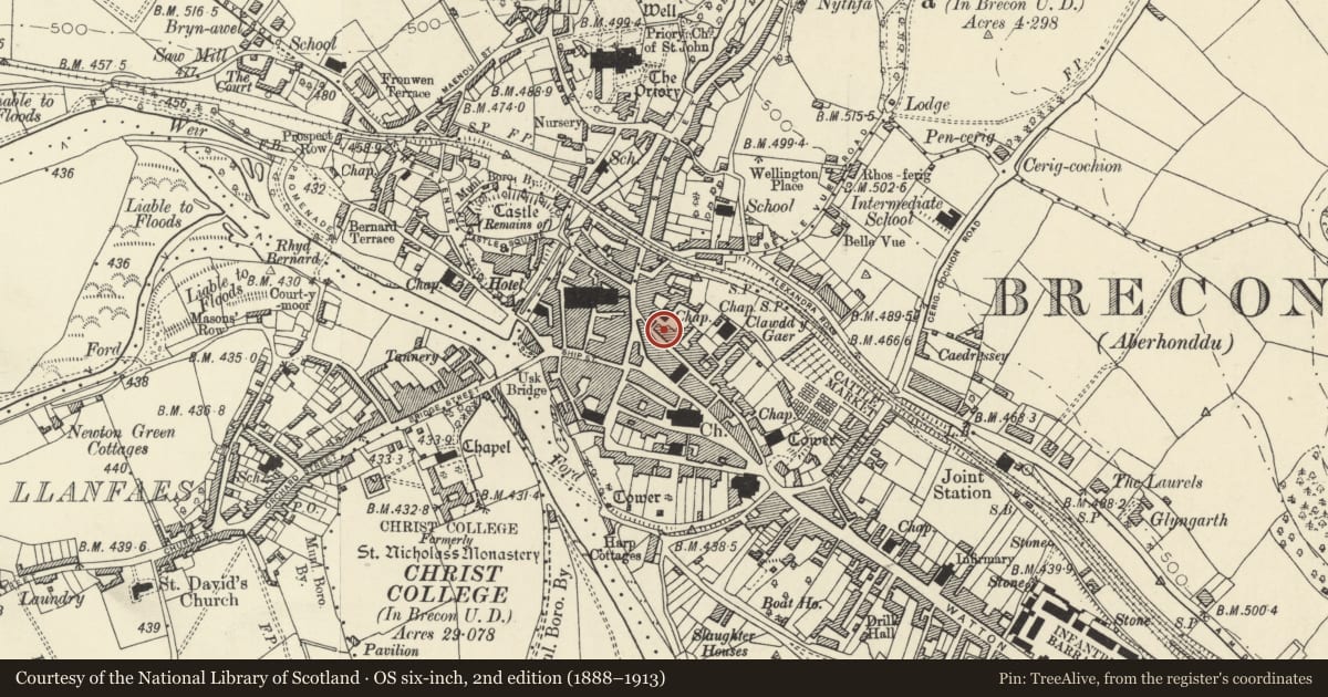 Ordnance Survey six-inch map, 2nd edition (1888–1913) covering the location of 12a Lion Street, Brecon, Powys, with a pin at the register's coordinates