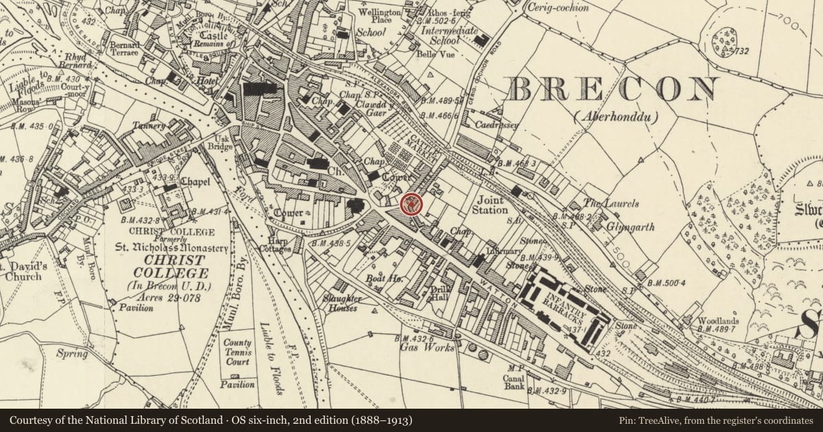 Ordnance Survey six-inch map, 2nd edition (1888–1913) covering the location of 13 Free Street, Brecon, Powys, with a pin at the register's coordinates