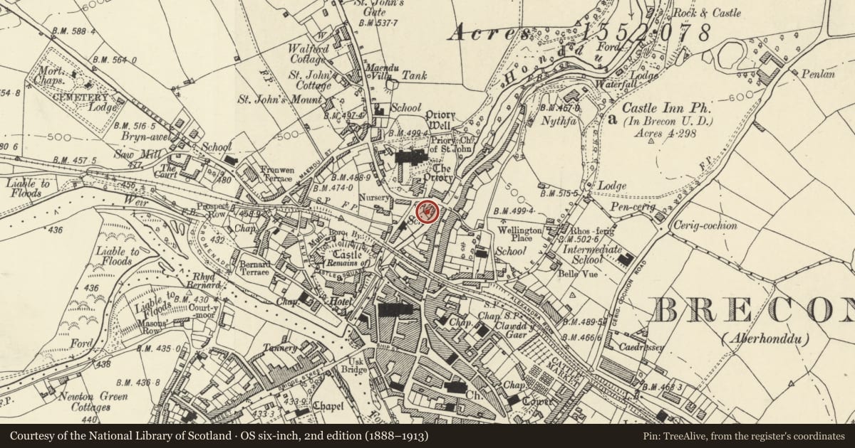 Ordnance Survey six-inch map, 2nd edition (1888–1913) covering the location of 14 Priory Hill, Brecon, Powys, with a pin at the register's coordinates