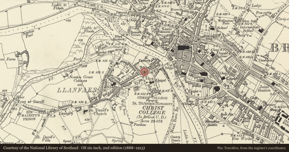 Ordnance Survey six-inch map, 2nd edition (1888–1913) covering the location of 16 Bridge Street, Brecon, Powys, with a pin at the register's coordinates