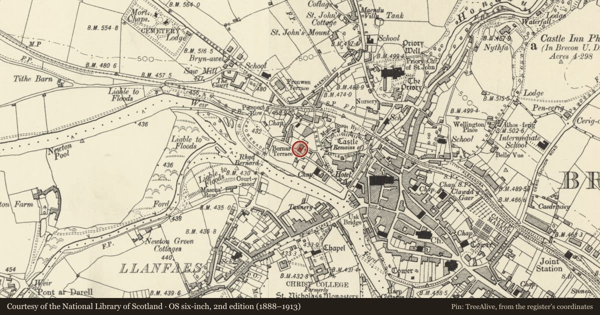 Ordnance Survey six-inch map, 2nd edition (1888–1913) covering the location of 2 Kensington Row, Brecon, Powys, with a pin at the register's coordinates