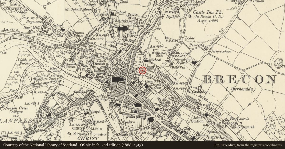 Ordnance Survey six-inch map, 2nd edition (1888–1913) covering the location of 2 Mount Street, Brecon, Powys, with a pin at the register's coordinates