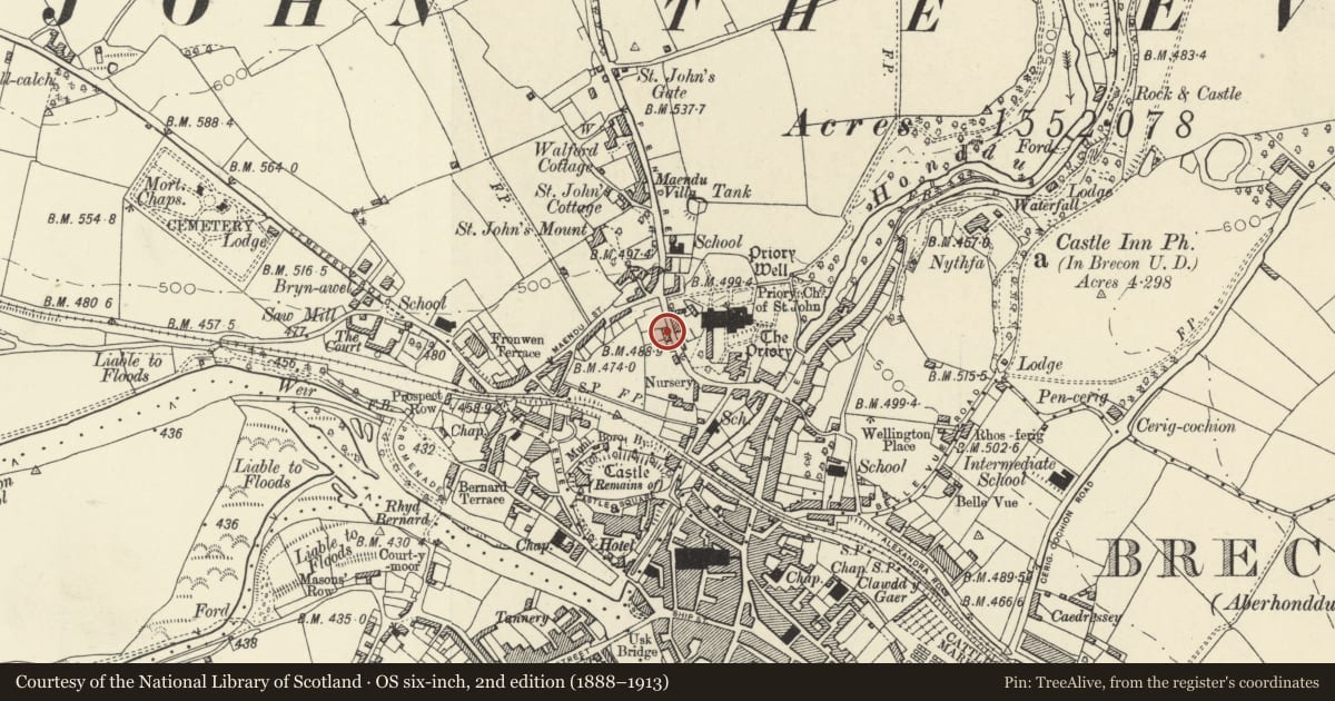 Ordnance Survey six-inch map, 2nd edition (1888–1913) covering the location of 2 Priory Hill, Brecon, Powys, with a pin at the register's coordinates