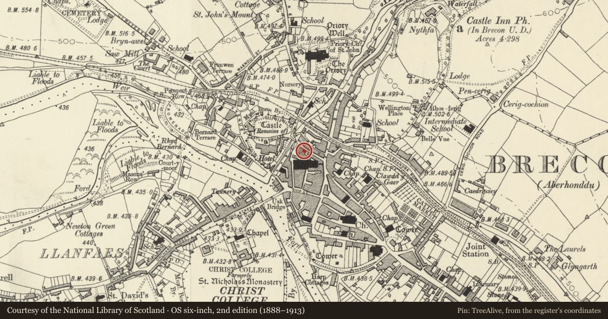 Ordnance Survey six-inch map, 2nd edition (1888–1913) covering the location of 20 Castle Street, Brecon, Powys, with a pin at the register's coordinates