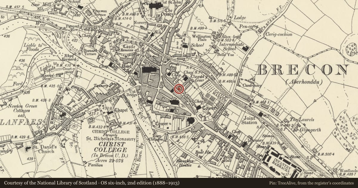 Ordnance Survey six-inch map, 2nd edition (1888–1913) covering the location of 20 Bethel Square, Brecon, Powys, with a pin at the register's coordinates