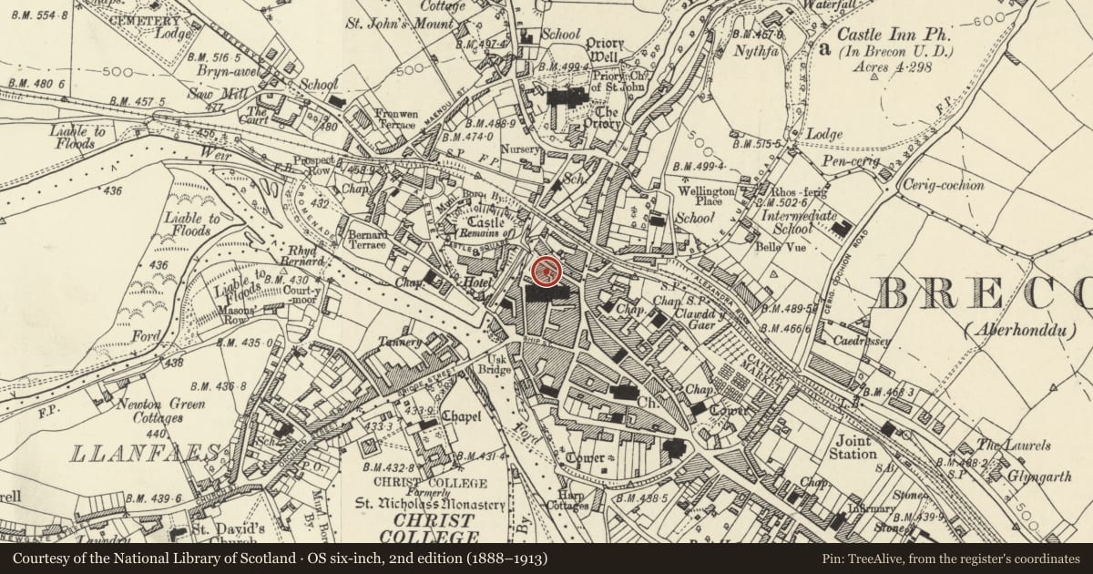 Ordnance Survey six-inch map, 2nd edition (1888–1913) covering the location of 21 Castle Street, Brecon, Powys, with a pin at the register's coordinates