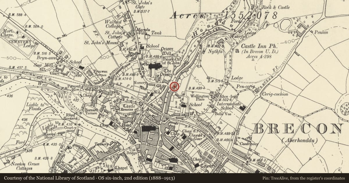 Ordnance Survey six-inch map, 2nd edition (1888–1913) covering the location of 21 The Struet, Brecon, Powys, with a pin at the register's coordinates