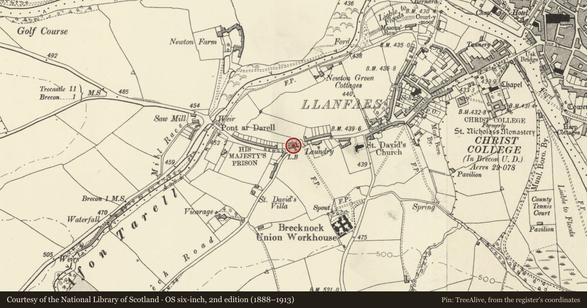Ordnance Survey six-inch map, 2nd edition (1888–1913) covering the location of No.22 Llandaff Row, Brecon, Powys, with a pin at the register's coordinates