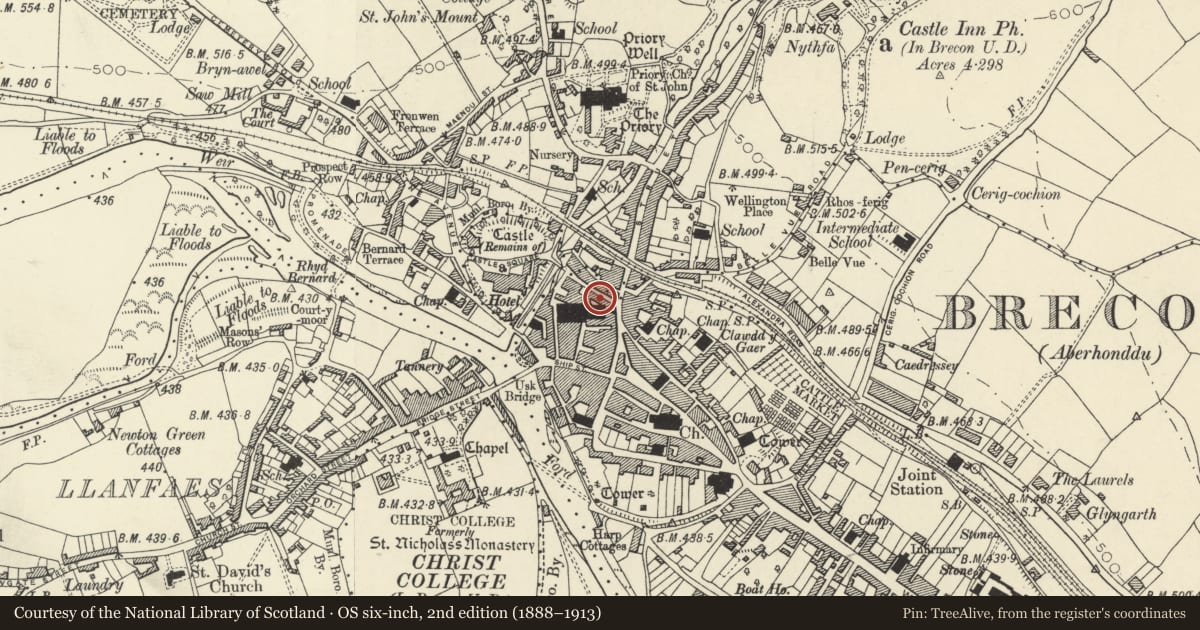 Ordnance Survey six-inch map, 2nd edition (1888–1913) covering the location of 23a Castle Street, Brecon, Powys, with a pin at the register's coordinates