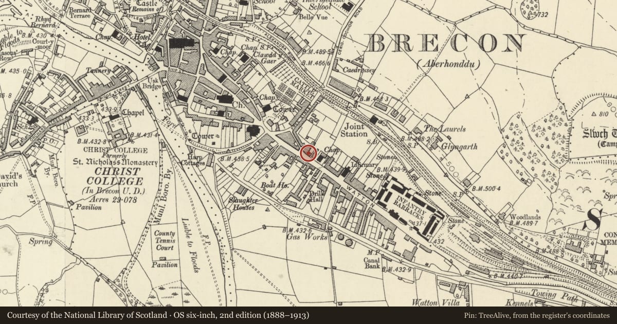 Ordnance Survey six-inch map, 2nd edition (1888–1913) covering the location of 24 The Watton, Brecon, Powys, with a pin at the register's coordinates