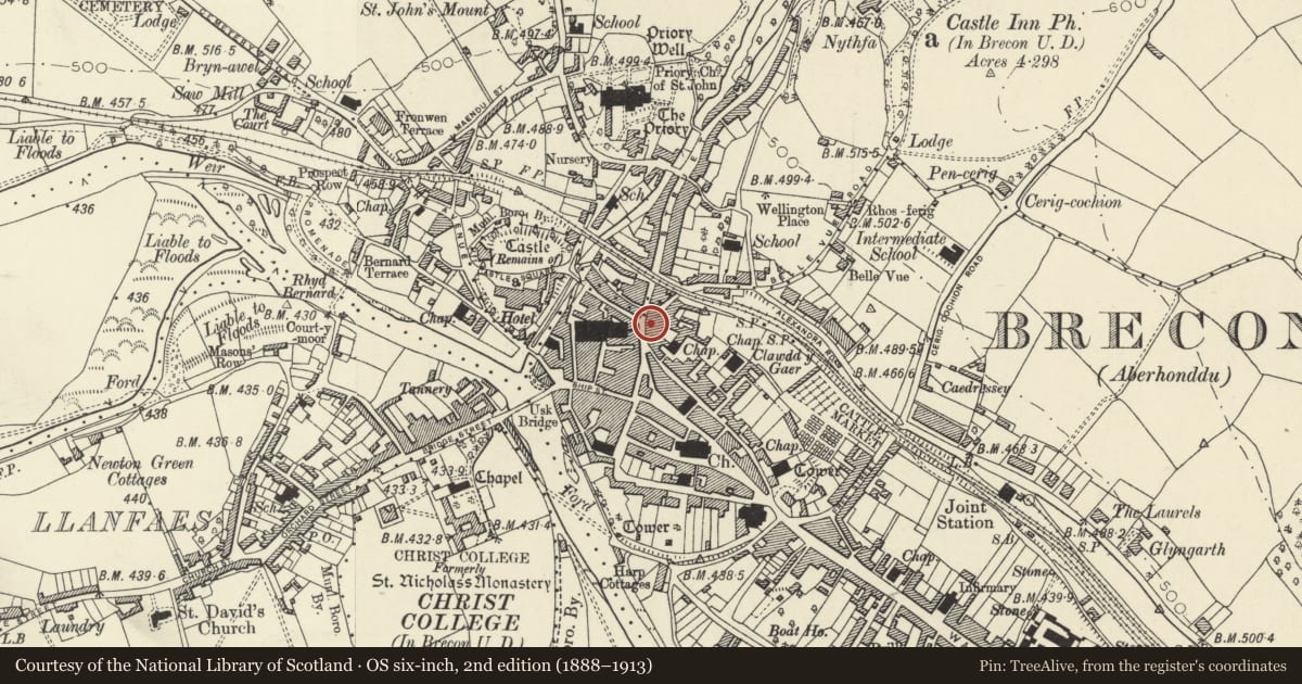 Ordnance Survey six-inch map, 2nd edition (1888–1913) covering the location of 25a High Street Inferior, Brecon, Powys, with a pin at the register's coordinates