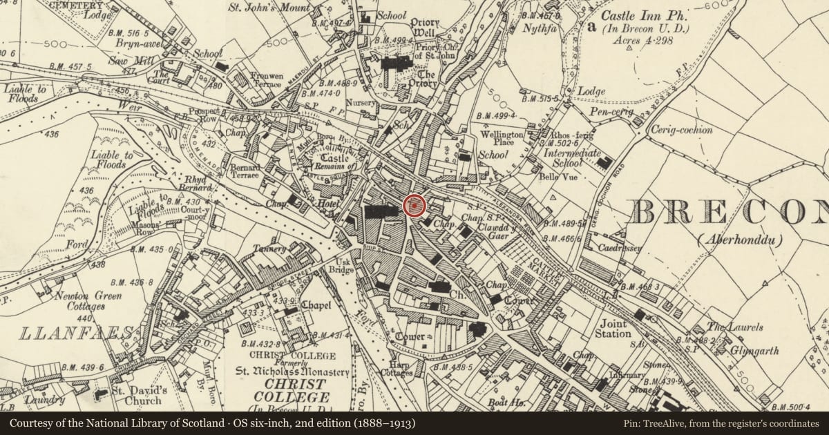 Ordnance Survey six-inch map, 2nd edition (1888–1913) covering the location of 25b High Street Inferior, Brecon, Powys, with a pin at the register's coordinates