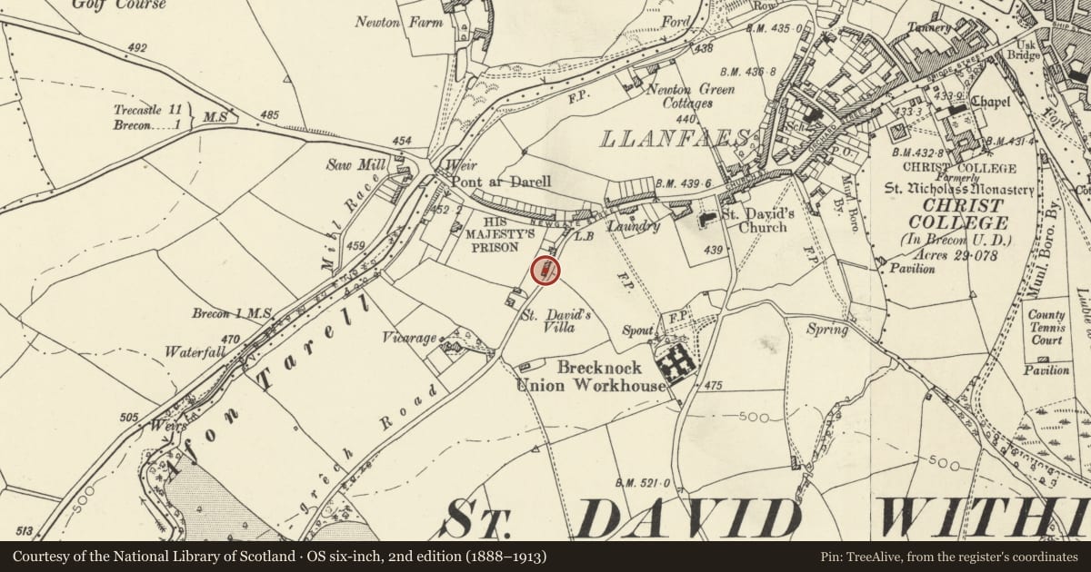 Ordnance Survey six-inch map, 2nd edition (1888–1913) covering the location of 3 Ffrwdgrech Road, Brecon, Powys, with a pin at the register's coordinates