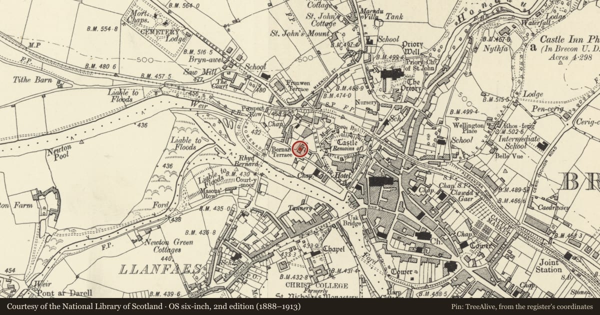 Ordnance Survey six-inch map, 2nd edition (1888–1913) covering the location of 3 Kensington Row, Brecon, Powys, with a pin at the register's coordinates