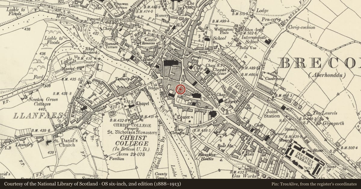 Ordnance Survey six-inch map, 2nd edition (1888–1913) covering the location of 3 Wheat Street, Brecon, Powys, with a pin at the register's coordinates