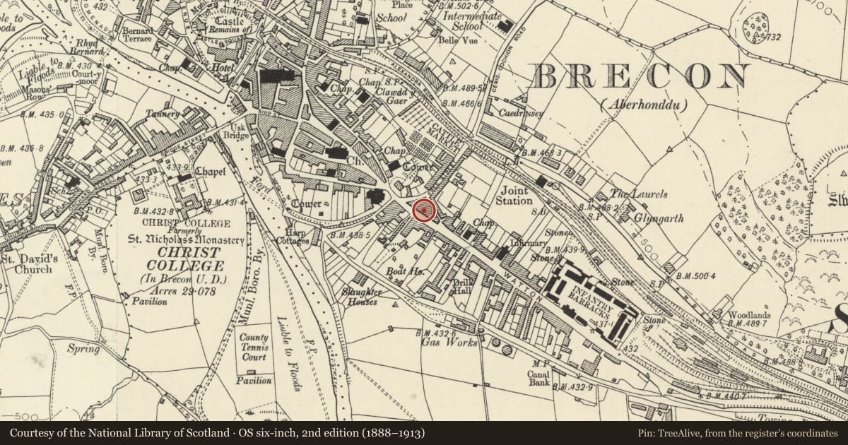Ordnance Survey six-inch map, 2nd edition (1888–1913) covering the location of 31 The Watton, Brecon, Powys, with a pin at the register's coordinates