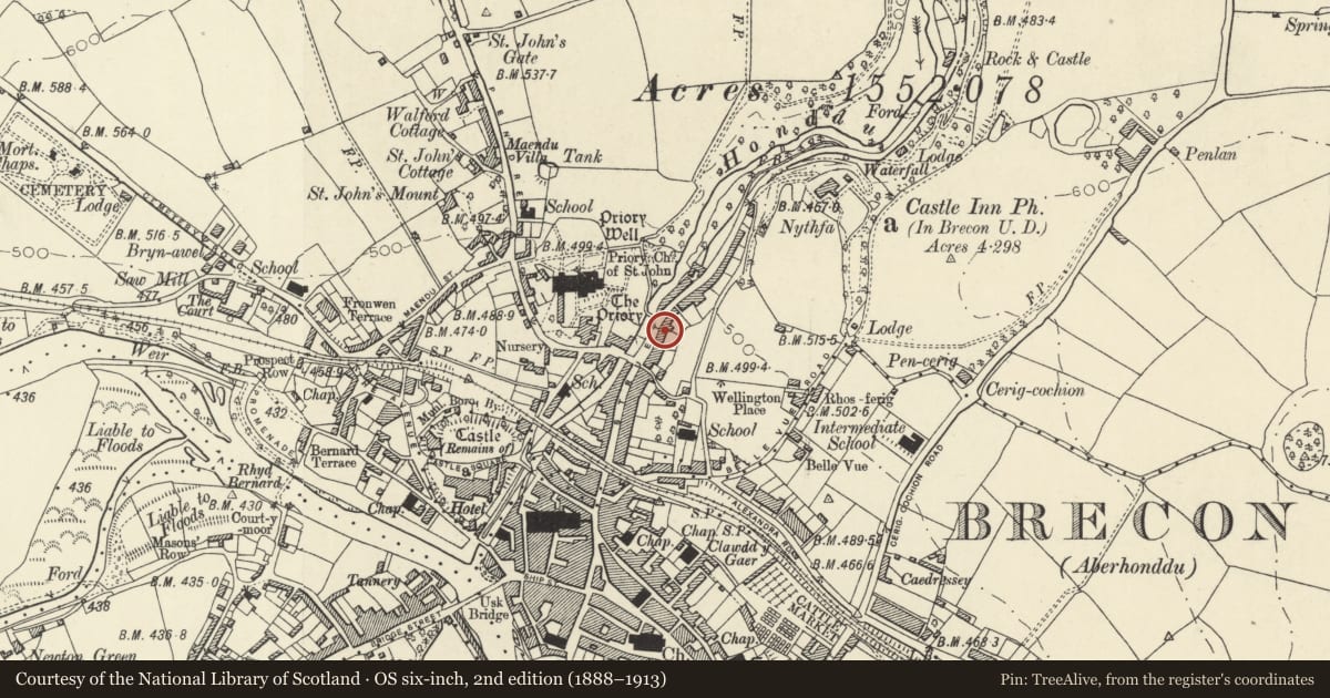 Ordnance Survey six-inch map, 2nd edition (1888–1913) covering the location of 33 The Struet, Brecon, Powys, with a pin at the register's coordinates