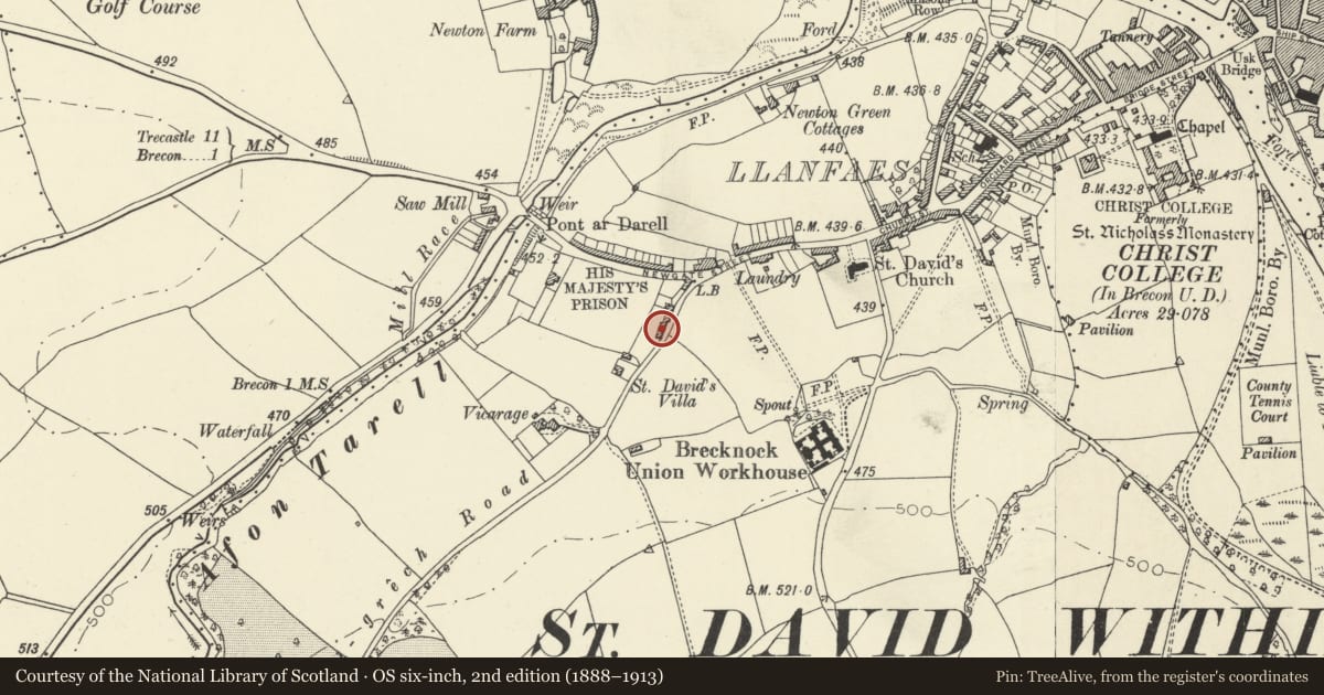 Ordnance Survey six-inch map, 2nd edition (1888–1913) covering the location of 4 Ffrwdgrech Road, Brecon, Powys, with a pin at the register's coordinates