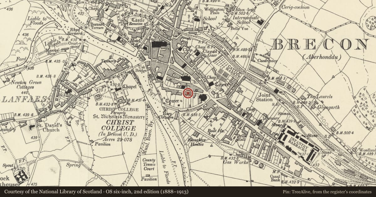 Ordnance Survey six-inch map, 2nd edition (1888–1913) covering the location of 4 Glamorgan Street, Brecon, Powys, with a pin at the register's coordinates
