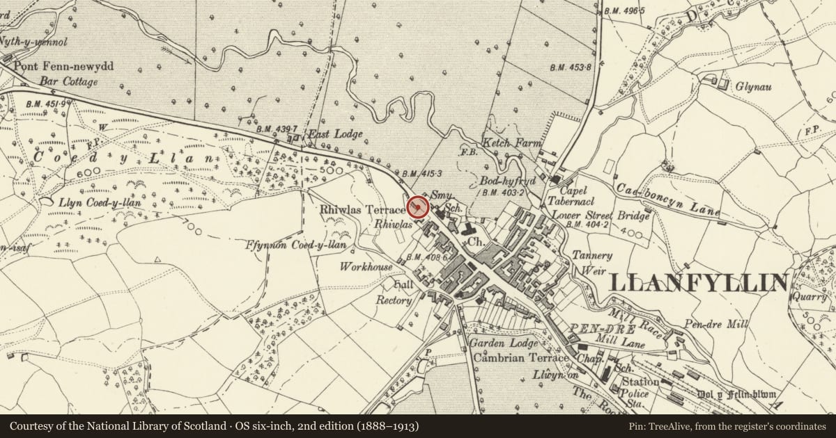 Ordnance Survey six-inch map, 2nd edition (1888–1913) covering the location of Rhiwlas Terrace, Llanfyllin, Powys, with a pin at the register's coordinates