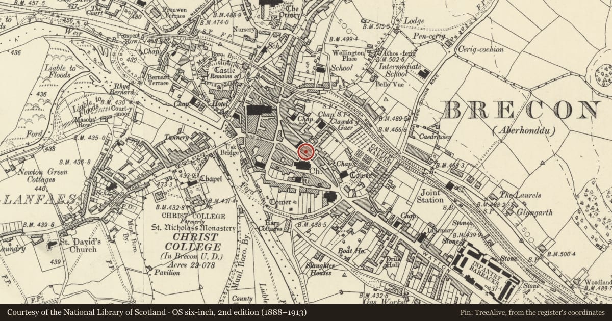Ordnance Survey six-inch map, 2nd edition (1888–1913) covering the location of 4 High Street Inferior, Brecon, Powys, with a pin at the register's coordinates