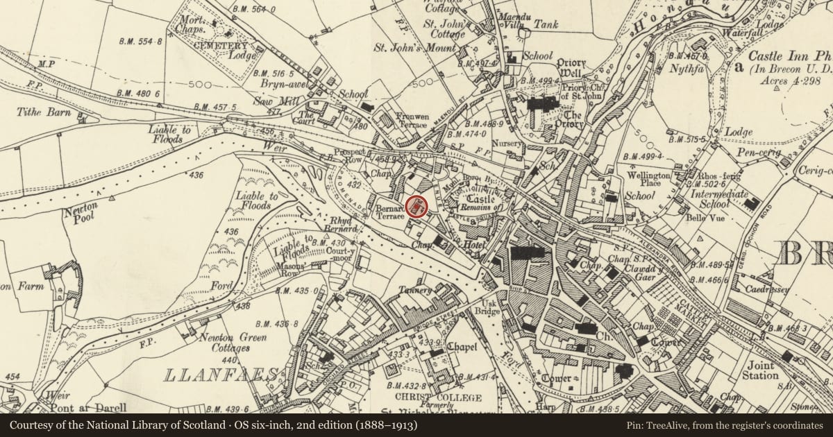 Ordnance Survey six-inch map, 2nd edition (1888–1913) covering the location of 4 Kensington Row, Brecon, Powys, with a pin at the register's coordinates