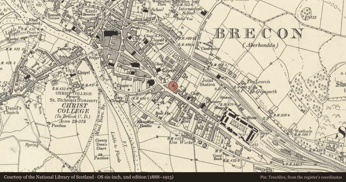 Ordnance Survey six-inch map, 2nd edition (1888–1913) covering the location of 49 Little Free Street, Brecon, Powys, with a pin at the register's coordinates