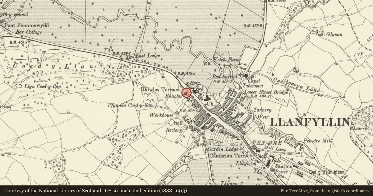Ordnance Survey six-inch map, 2nd edition (1888–1913) covering the location of Rhiwlas House, Llanfyllin, Powys, with a pin at the register's coordinates