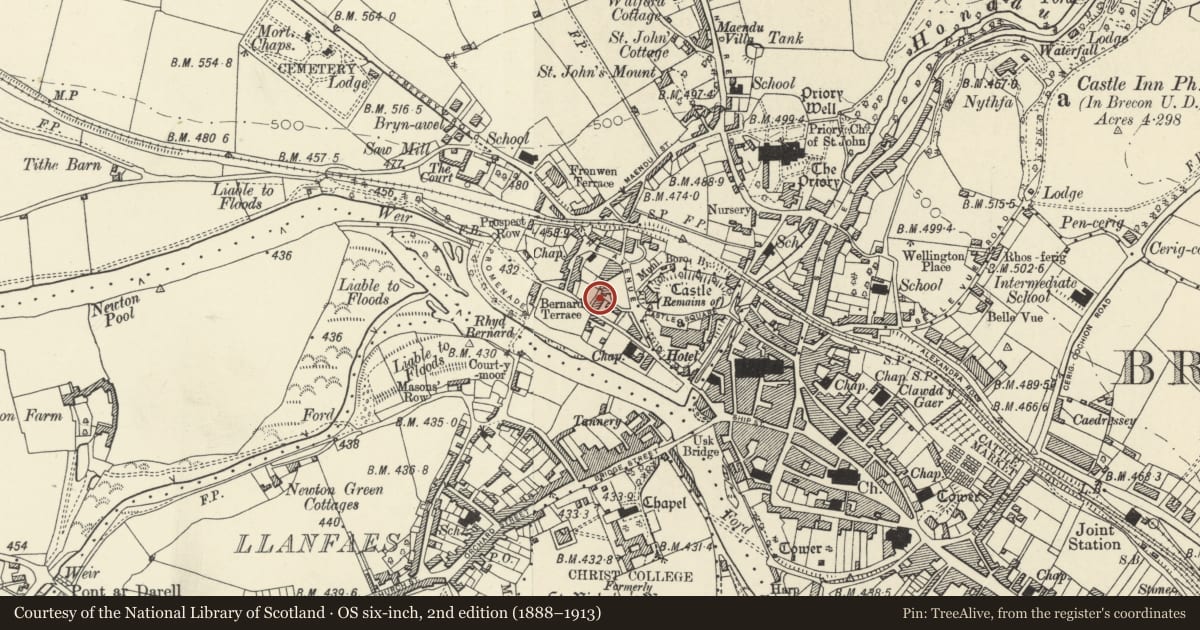 Ordnance Survey six-inch map, 2nd edition (1888–1913) covering the location of 5 Kensington Row, Brecon, Powys, with a pin at the register's coordinates