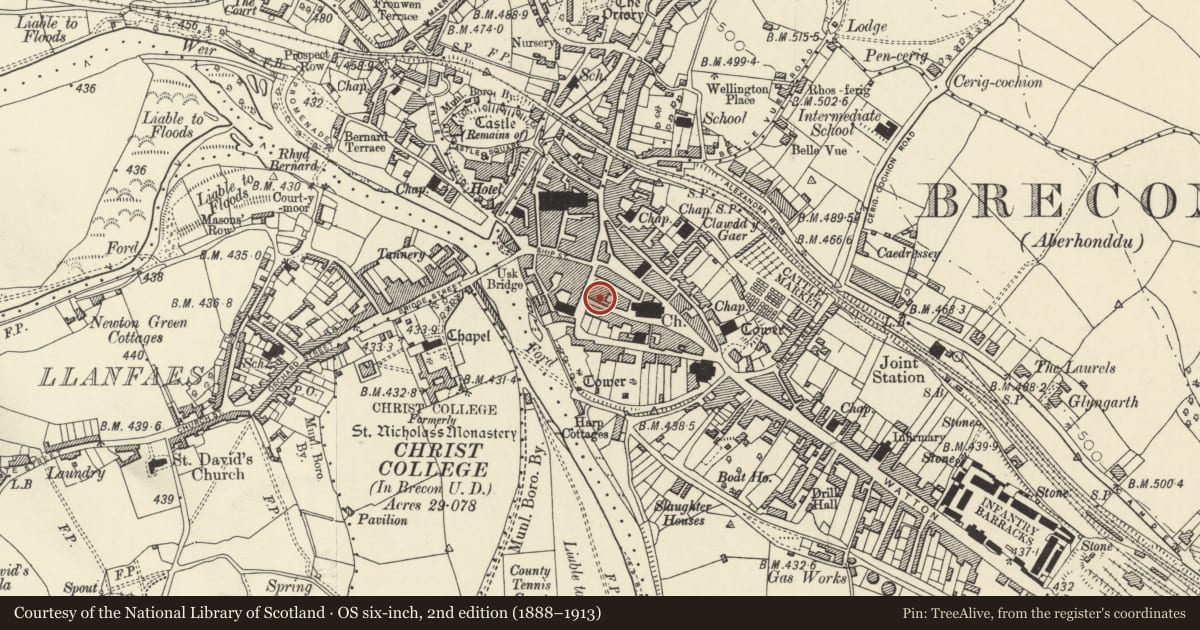 Ordnance Survey six-inch map, 2nd edition (1888–1913) covering the location of Former Rear Wing of No 2 Wheat Street, Brecon, Powys, with a pin at the register's coordinates